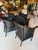 Gorgeous set of 5 black Lamberts wicker arm chairs with custom Perennials seat cushion in a blue and white diamond...