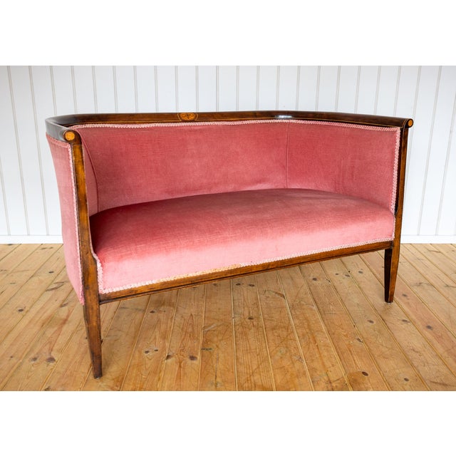Antique Art Nouveau Edwardian Mahogany Barrel Back 2-Seater Settee Sofa, 1910s For Sale - Image 18 of 18