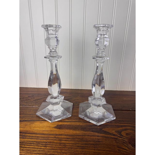 Val Saint-Lambert Signed Belgian Crystal Candlesticks, Pair, 9.5" Tall, Late 20th Century For Sale In Miami - Image 6 of 7