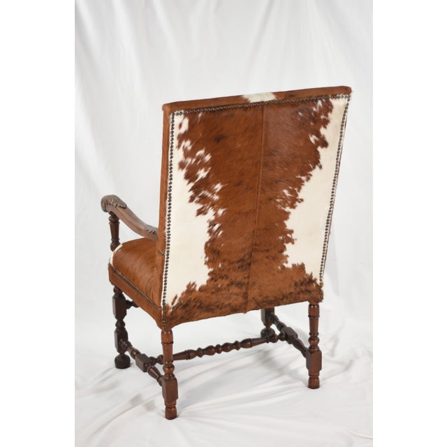 Chestnut 1920s Statement Pair of Grand Antique Armchairs | New Cowhide Upholstery For Sale - Image 8 of 16