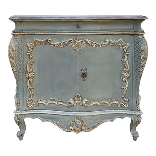 Italian Rococo Style Painted French Blue Commode / Cabinet Faux Marble Top For Sale