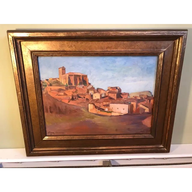 Signed Painting of the Aragon Region in Spain.. Dated 1931. Signature is illegible. Oil on board, Gilt solid wooden...