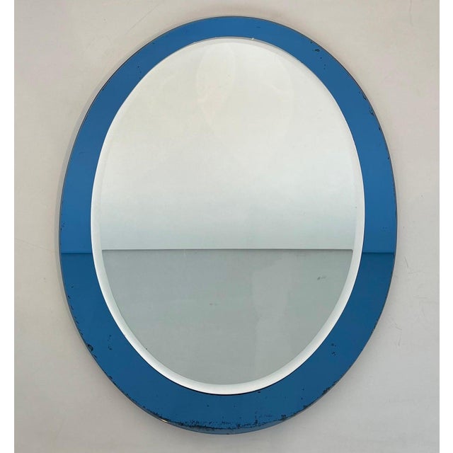 Fontana Arte Oval Mirror With Blue Outline by Fontana Arte Italy Circa 1970 For Sale - Image 4 of 12
