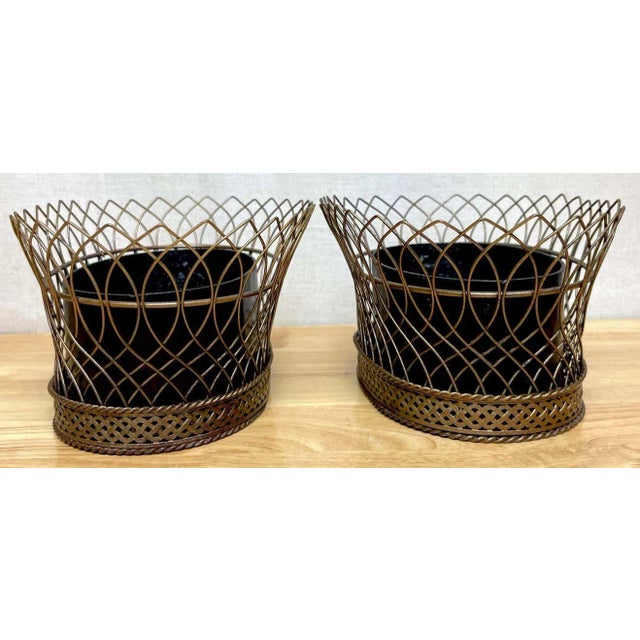 Black Early 20th Century Antique French Gilt T?¥le & Iron Tole Metal Filigree Oval Planters - A Pair For Sale - Image 8 of 13
