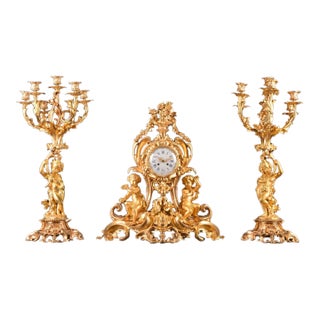 1840s French Louis XV Ormolu Gold Bronze Mantel Clock Set 3pc For Sale