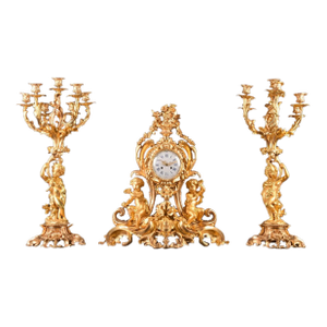 1840s French Louis XV Ormolu Gold Bronze Mantel Clock Set 3pc