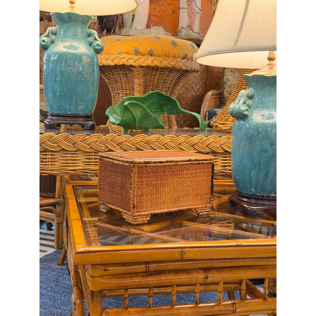 Vintage Tortoiseshell Bamboo & Woven Rattan Lidded Storage Box For Sale - Image 11 of 12