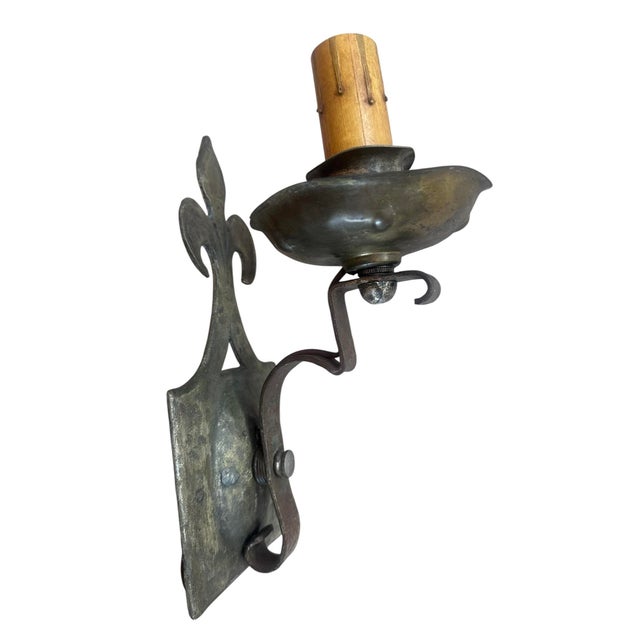 1920 Iron and Brass Lightly Hammered Sconces With Fleur De Lis - a Pair For Sale - Image 4 of 7