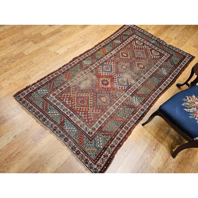 Antique Caucasian Kazak Area Rug, Handwoven Allover Design, Red & Green, 5' x 8' For Sale In Chicago - Image 6 of 18