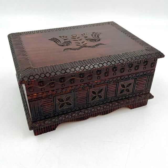 Vintage 1950s Polish folk art wooden box featuring beautifully carved roosters and geometric designs. Crafted from solid...