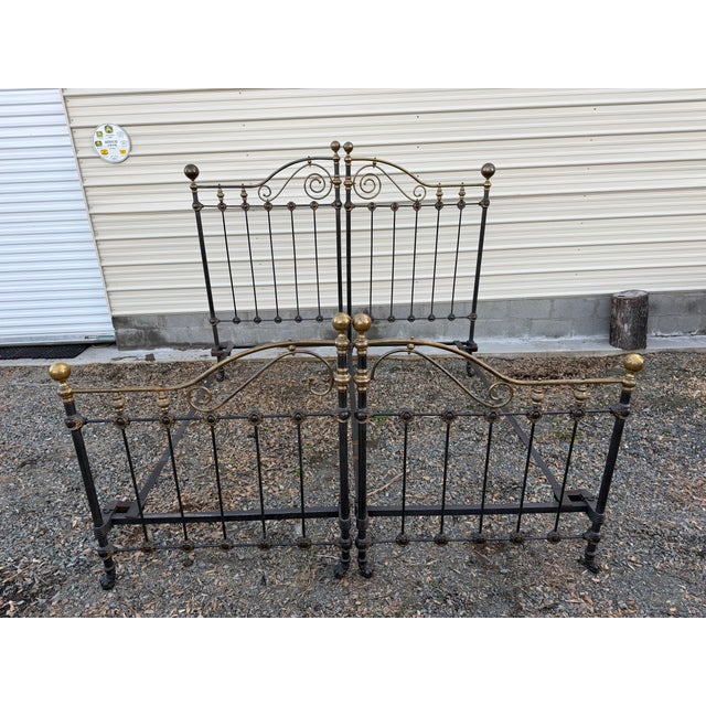 Victorian Antique Victorian Iron & Brass King Bed With Scrollwork and Ball Finials, C. 1890s For Sale - Image 3 of 12