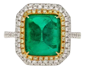 4.49 Carat Sugarloaf Cabochon Cut Colombian Emerald and Diamond Halo Ring in 18k, Size 6.75