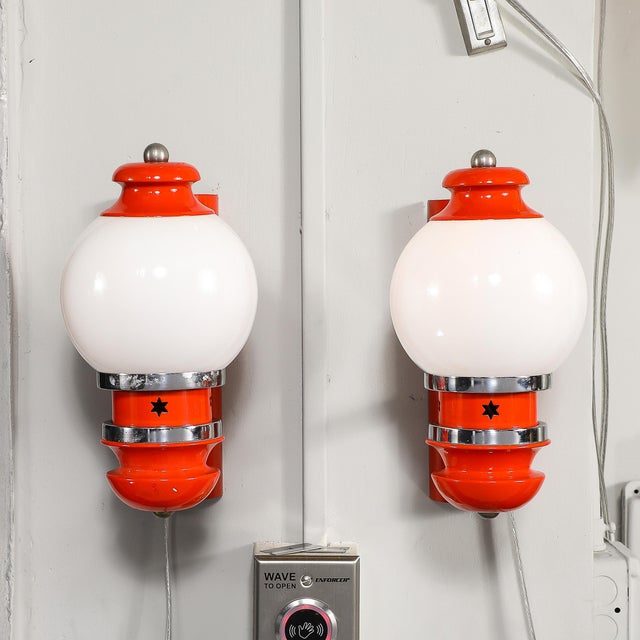 Mid-Century Chrome & Glass Vermillion Enamel Portico Sconces W/ Star Cutouts For Sale - Image 13 of 14