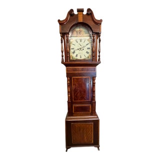 19th Century English Mahogany Inlaid Wide-Body Tall Case Clock With Hand-Painted Dial, Circa 1860–1870 For Sale