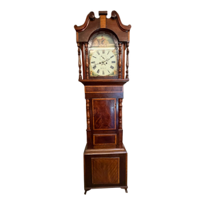 19th Century English Mahogany Inlaid Wide-Body Tall Case Clock With Hand-Painted Dial, Circa 1860–1870