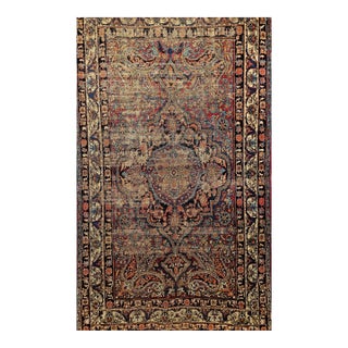19th Century Persian Kashan Area Rug, Handwoven Medallion Design, Red & Navy, 4’ X 7’ For Sale