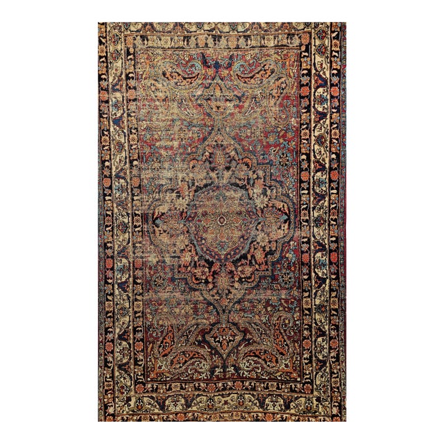 19th Century Persian Kashan Area Rug, Handwoven Medallion Design, Red & Navy, 4’ X 7’ For Sale
