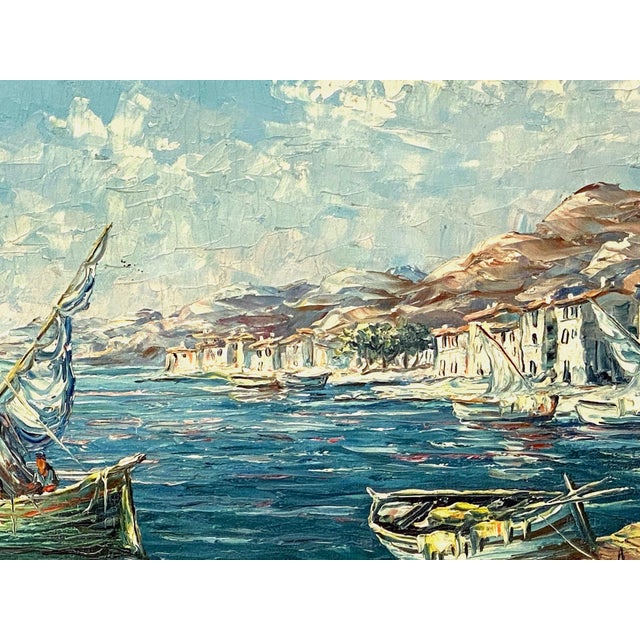 French Framed Oil Painting Featuring a Mediterranean Harbour Scene For Sale - Image 4 of 12