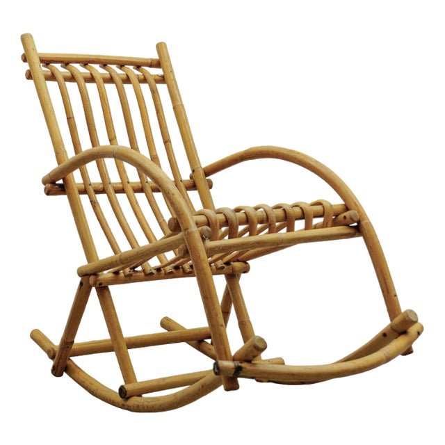 Mid-Century Modern Rattan and Bamboo Rocking Chair, 1960s For Sale