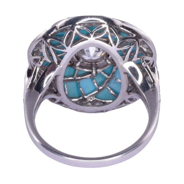 Estate Custom Diamond and Turquoise Platinum Ring For Sale - Image 4 of 6