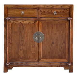 Chinese Moon Face Narrow Wood Grain Brown Drawers Side Table Cabinet For Sale
