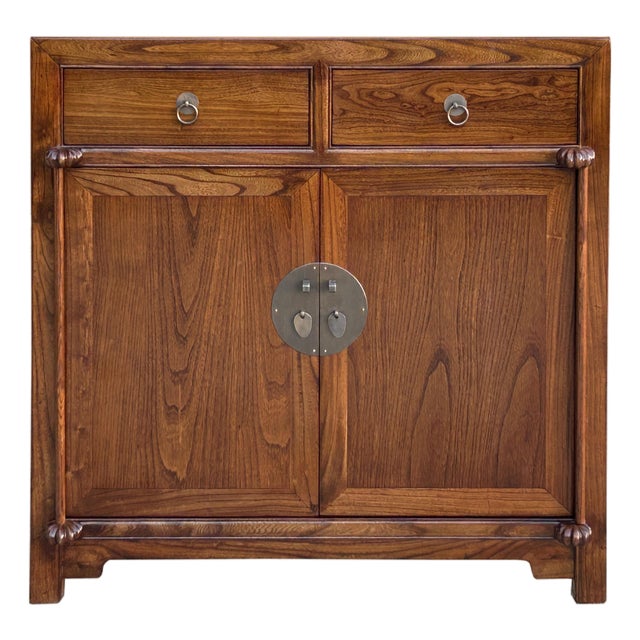 Chinese Moon Face Narrow Wood Grain Brown Drawers Side Table Cabinet For Sale