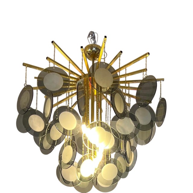 Large Chandelier in Brass with Smoked Murano Glass Discs For Sale - Image 9 of 9