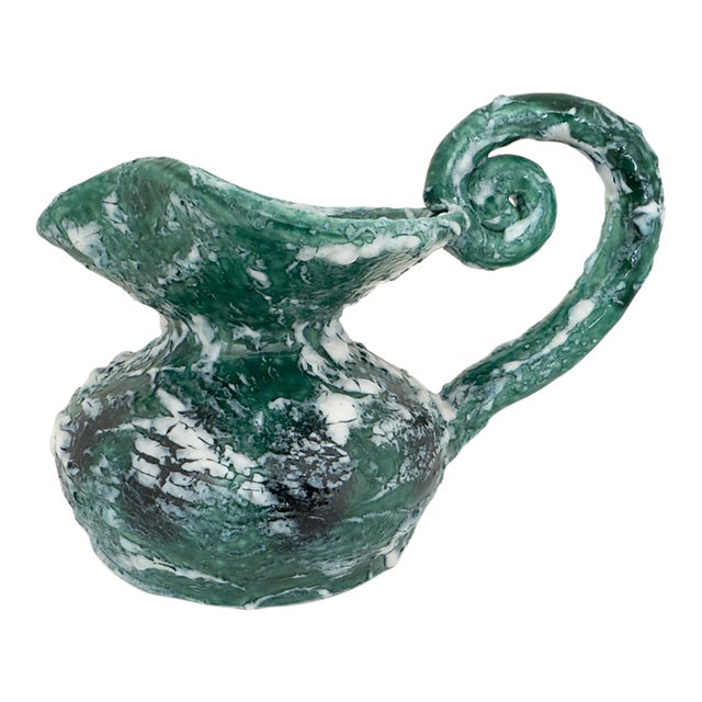 Vintage Sculptural Green Lava Glaze Ceramic Ewer With Scroll Handle For Sale