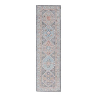 Floral Medallion Oushak Runner With Tribal Motifs and on a Gray Background For Sale