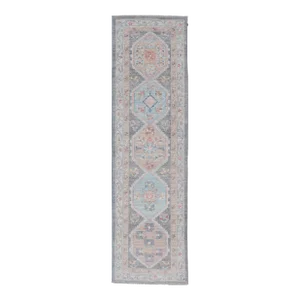 Floral Medallion Oushak Runner With Tribal Motifs and on a Gray Background