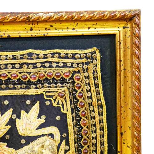 Embroidered Burmese Kalaga Tapestry with Sequins in Golden Frame, 2000s For Sale - Image 9 of 11