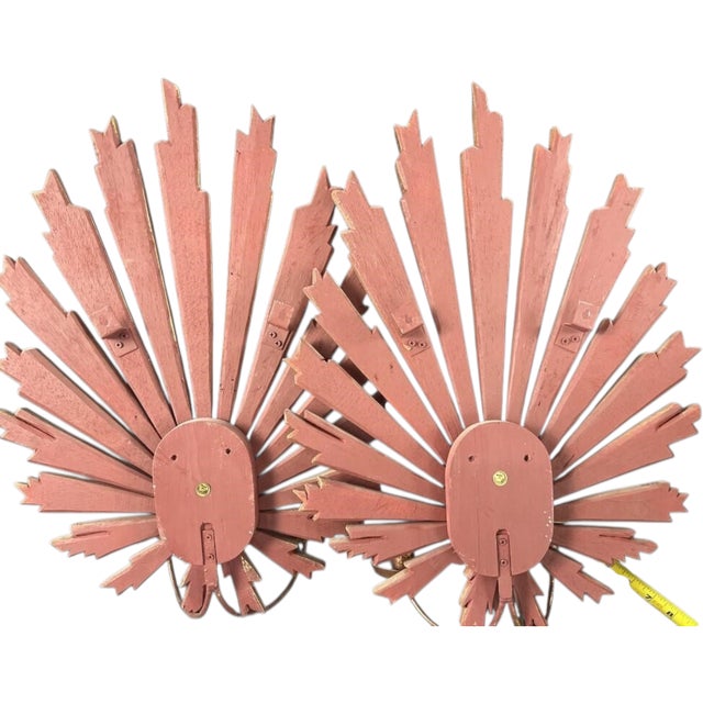1970s A Pair of Wood Sunburst Form Wall Sconces For Sale - Image 4 of 4