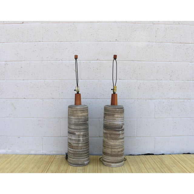 Amazing pair of tall ceramic table lamps by Jane and Gordon Martz of Marshall Studios in excellent condition. No broken...