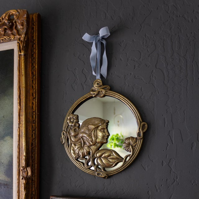 Metal Brass Art Nouveau Round Mirror of Woman With Flowers For Sale - Image 7 of 10