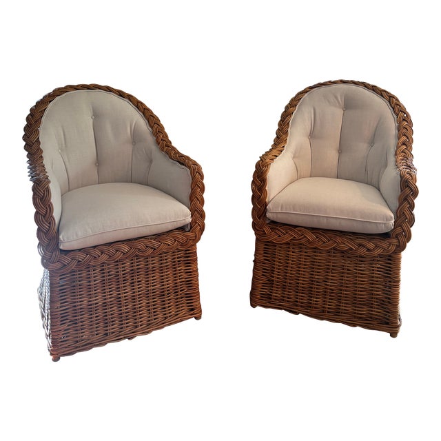 1960s Vintage Cottage Wicker Braided Rattan Arm Chairs With New Upholstery - Set of 2 For Sale