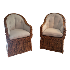 1960s Vintage Cottage Wicker Braided Rattan Arm Chairs With New Upholstery - Set of 2