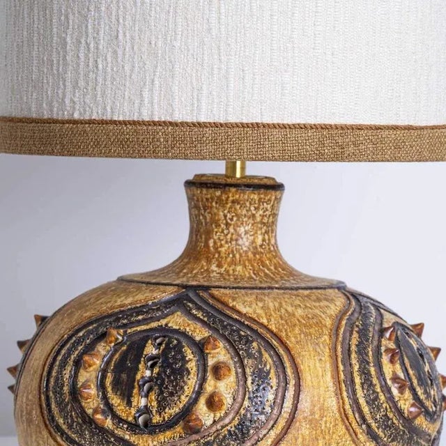Yellow and Cognac Ceramic Lamp from Axella with Shade by R. Houben, Denmark, 1970s For Sale - Image 3 of 10