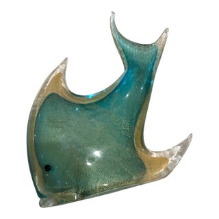 Murano Italia Collection Cased Glass Green/Gold Tropical Fish For Sale