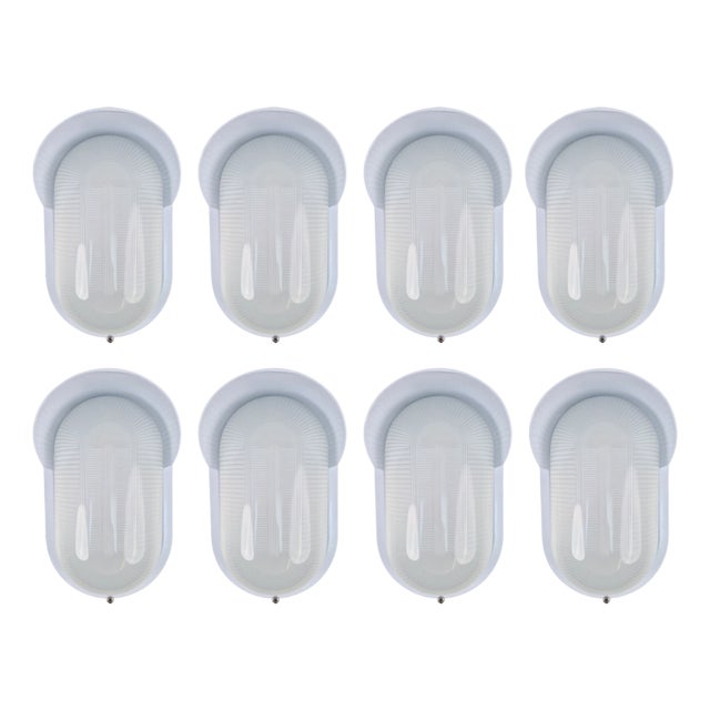 Vintage Simes Oval Tipo 200 Outdoor Wall Lamp in White Metal and Glass, Italy, 1980s, Set of 8 For Sale