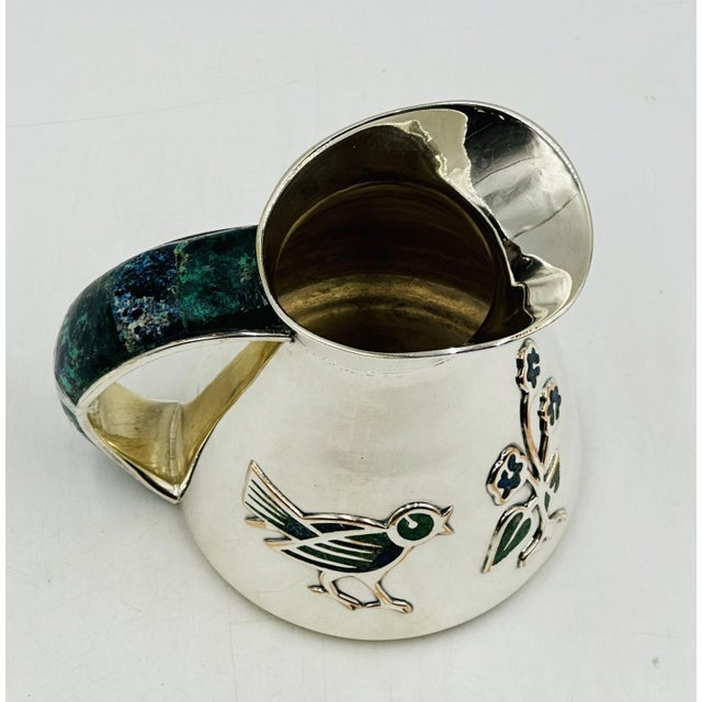 Metal 1960s Los Castillo Taxco Malachite & Silver Plate Bird Pitcher For Sale - Image 7 of 15