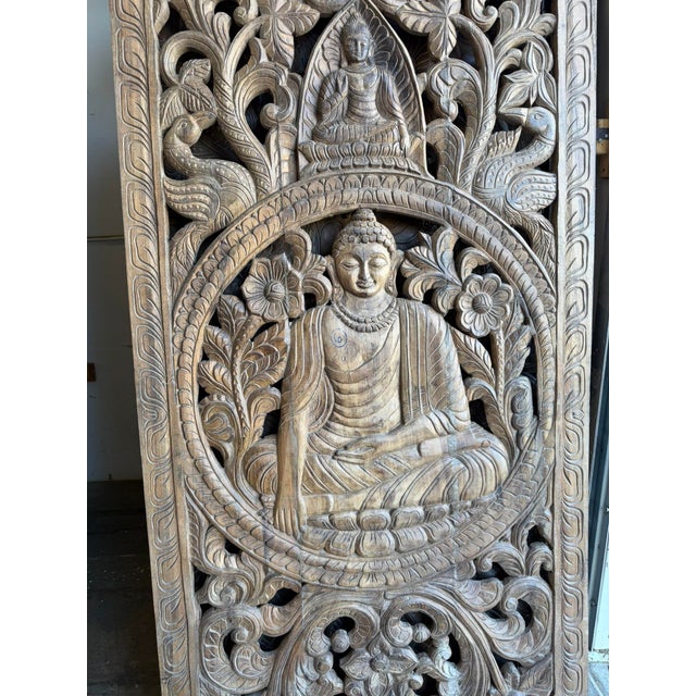 Antique Hand-Carved Solid Wood Buddha Wall Panel | Meditation Spiritual Wall Art 72x35 For Sale - Image 4 of 7