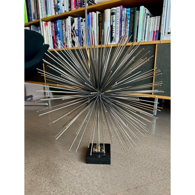 Metal Global Views Metal Starburst Urchin Tabletop Sculpture Marble Base Plinth Brutalist Metal Industrial Sputnik For Sale - Image 7 of 12