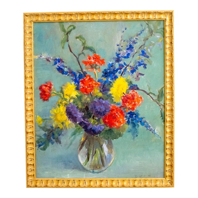 Abstract Still Life Flowers in Vase Oil Painting Signed For Sale