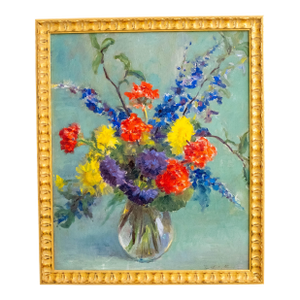 Abstract Still Life Flowers in Vase Oil Painting Signed