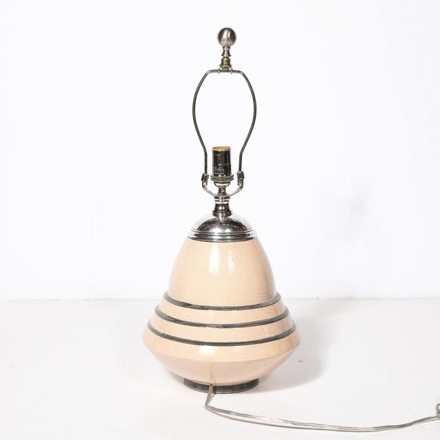 Art Deco Machine Age Craquelure Cream Ceramic Table Lamp Signed Marcel Guillard For Sale - Image 13 of 17