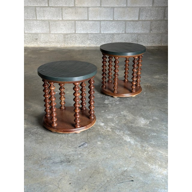 Henredon 1970s American Modernist Designer Spool and Slate Side Tables by Henredon Custom Folio Three - a Pair For Sale - Image 4 of 12
