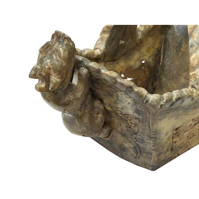 Gray Chinese Stone Carved Basket With Mythical Beasts, Archaic Motifs , Braided Handle For Sale - Image 8 of 12