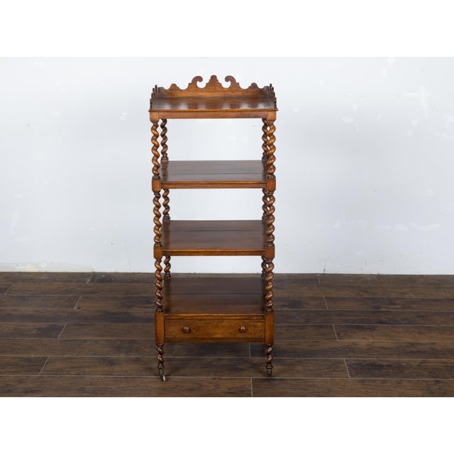 Wood English 19th Century Walnut Barley Twist Tiered Shelf on Casters with Drawer For Sale - Image 7 of 12