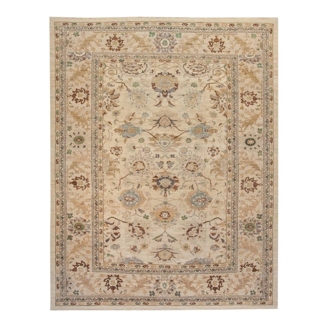 21st Century Sultanabad Beige Handmade Persian Wool Rug With Floral Motif For Sale