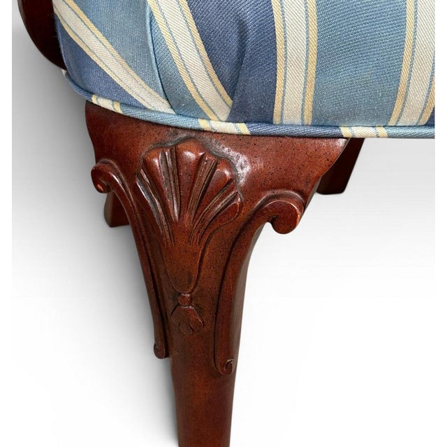 Pair of Vintage Upholstered Queen Anne Style Striped Armchairs With Shell Carving For Sale - Image 13 of 17